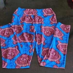 LuLaRoe Leggings Blue Geometrics With Burgundy Bears